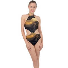 Abstract Gold Wave Background Halter Side Cut Swimsuit