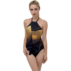 Abstract Gold Wave Background Go With The Flow One Piece Swimsuit