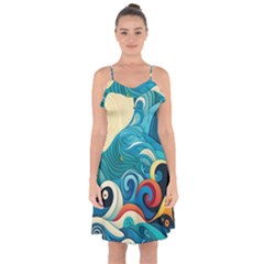 Waves Wave Ocean Sea Abstract Whimsical Ruffle Detail Chiffon Dress