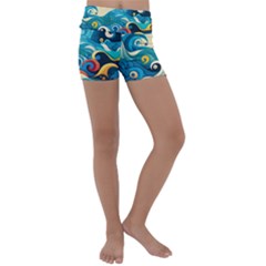 Waves Wave Ocean Sea Abstract Whimsical Kids  Lightweight Velour Yoga Shorts by Maspions