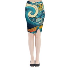 Waves Ocean Sea Abstract Whimsical Art Midi Wrap Pencil Skirt